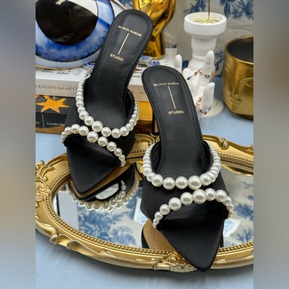 🆕 BLACK SUEDE STUDIO 🧿 NWOB Gigi 80 Pearl Black Satin Mule Sandals, Sz 40 US 9 - Picture 11 of 16